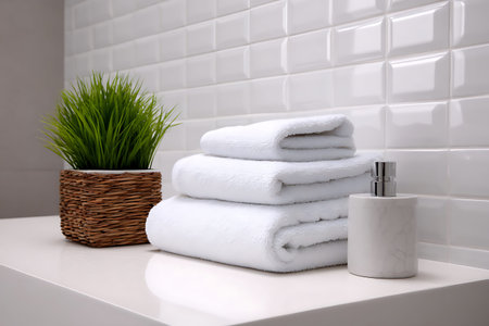 White towels on the table in the bathroom. 3d rendering.の写真素材