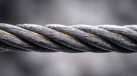 close up of a wire rope on a grey background with selective focus