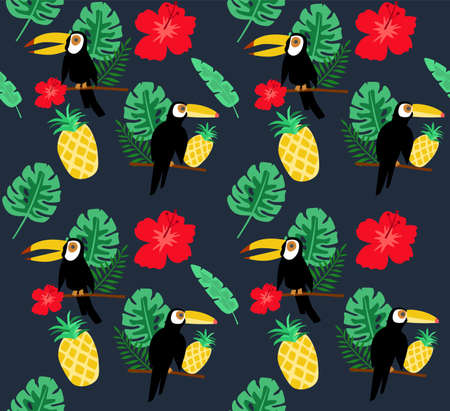 Seamless pattern with tucan, tropical leaves, flowers and pineappleのイラスト素材
