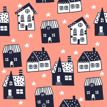 Night illustration with houses. Scandinavian style. Seamless vector.のイラスト素材