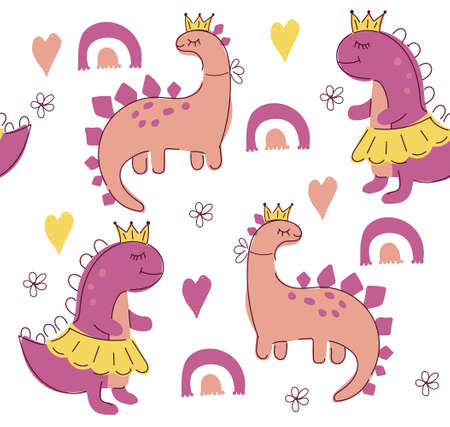 Girl dinos seamless pattern. Cute dinosaurs vectorのイラスト素材