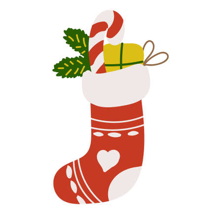 Christmas sock with gift, lollipop, and pine branches