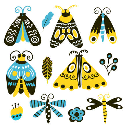 Set of doodle moths, butterflyes, dragonflies and plantsのイラスト素材