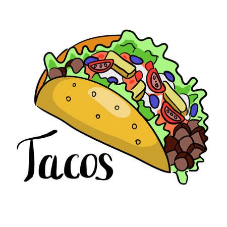 Tacos illustration with lettering. Food vector illustrationのイラスト素材