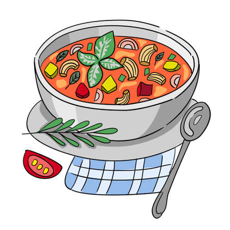 Minestrone illustration. Italian soup vector, napkin and spoonのイラスト素材
