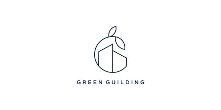 Green building logo design with creative line style Premium Vectorのイラスト素材