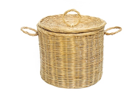 wicker basket isolated on white backgroundの写真素材