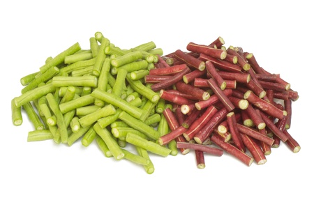 Fresh  green and red beans on a white background