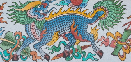 Chinese art on the walls of the Chinese  temple  Loei Province, Thailand  のeditorial素材
