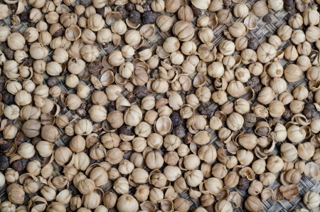 Dride Siam Cardamom(Amomum krervanh Pierre)  on bamboo backgroundの写真素材