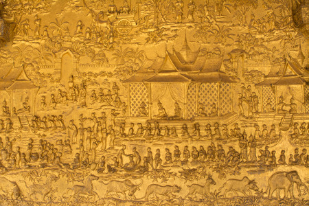 This image shows a Wat detail, wall,  in  Wat Mai   Luang Prabang, Laos のeditorial素材