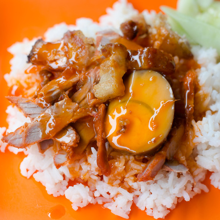 Barbecued red pork in sauce with riceの写真素材