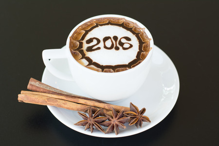 hot coffee with foam milk art 2016 patternの写真素材