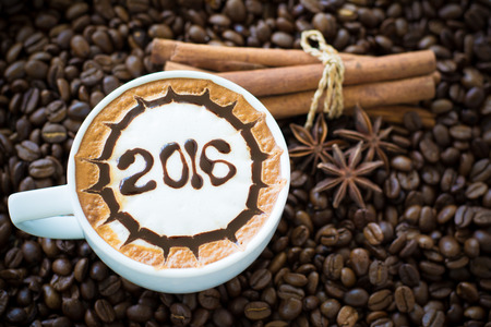 hot coffee with foam milk art 2016 patternの写真素材