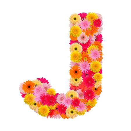 Letter J alphabet with gerbera  isolated on white backgroundの写真素材
