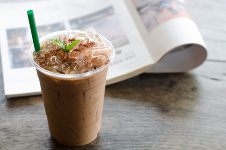Ice peppermint mocha on wooden tableの写真素材
