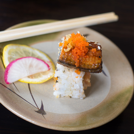 Sushi , Japanese soy sauce grilled freshwater eel sauce on the dish Japanese foodの写真素材
