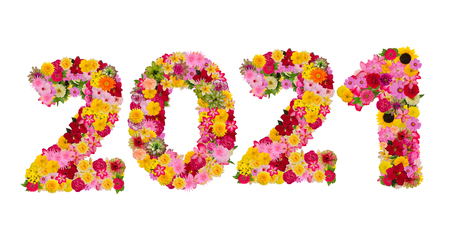 Inscription 2021 from fresh flowers isolated on white background. Happy New Year Concept.With clipping pathの写真素材