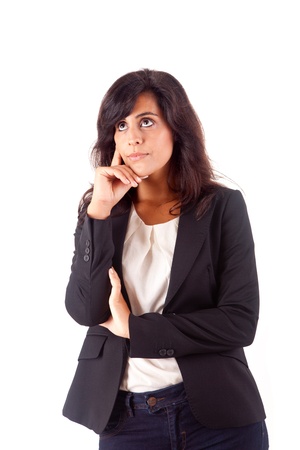 Beautiful business woman thinking over white backgroundの写真素材