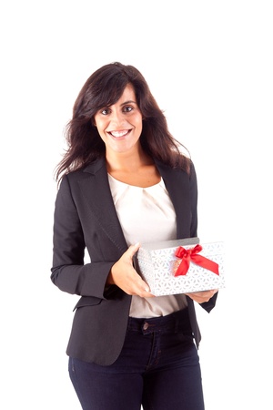 Business woman holding a present on white background の写真素材