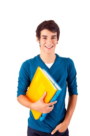 Young happy student carrying books on white backgoundの写真素材