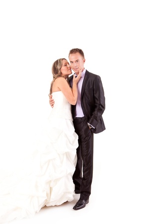 Loving couple embracing on white backgroundの写真素材