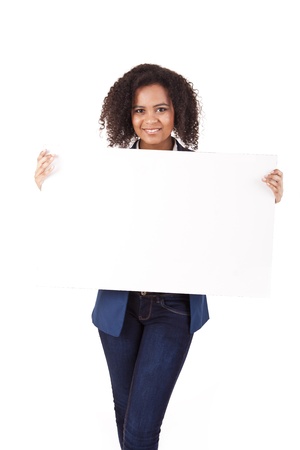 Young african american woman with blank signboard, isolated on white backgroundの写真素材