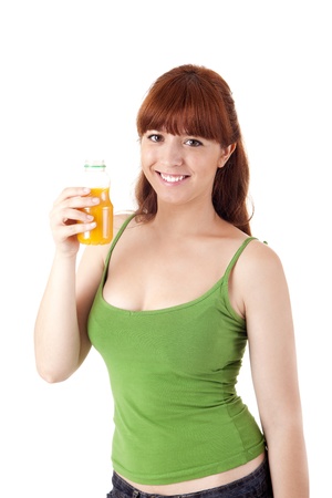 Beautiful woman with orange juice on white backgroundの写真素材