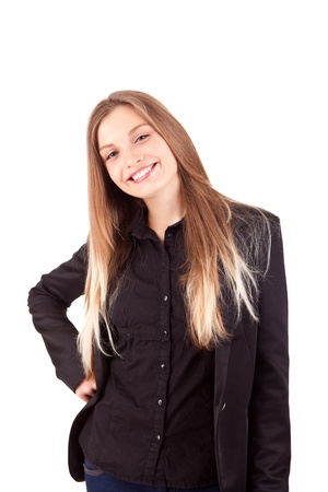 Pretty young business woman posing on white backgroundの写真素材