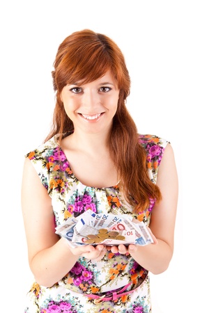Happy woman showing Euros currency notes on white backgroundの写真素材