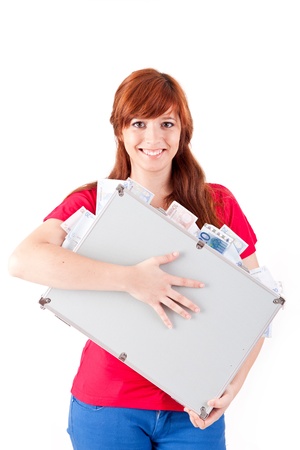 Woman holding metal grey case with money on white backgroundの写真素材