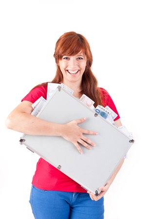 Woman holding metal grey case with money on white backgroundの写真素材