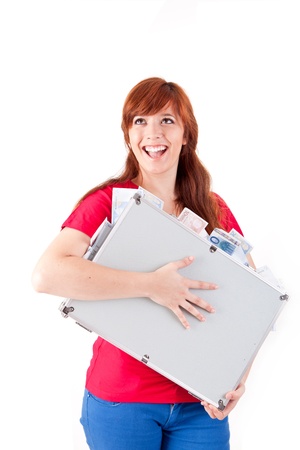 Woman holding metal grey case with money on white backgroundの写真素材