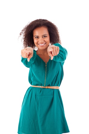 Beautiful african woman pointing frontの写真素材