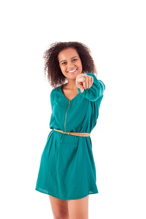 Beautiful african woman pointing frontの写真素材