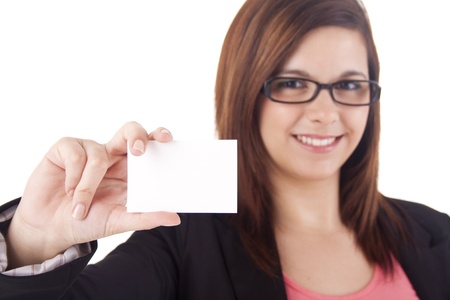 Woman holding empty white card, isolated over whiteの写真素材