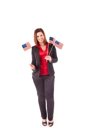 Beautiful woman holding american flagの写真素材