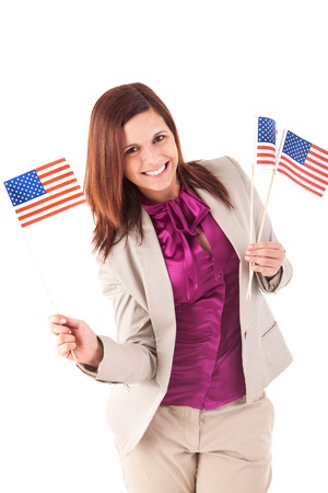 Beautiful woman holding american flagの写真素材