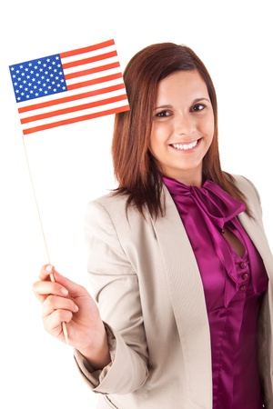 Beautiful woman holding american flagの写真素材