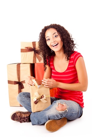 Beautiful african woman with presentsの写真素材