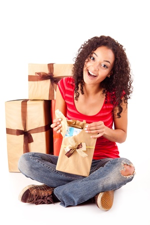 Beautiful african woman with presentsの写真素材