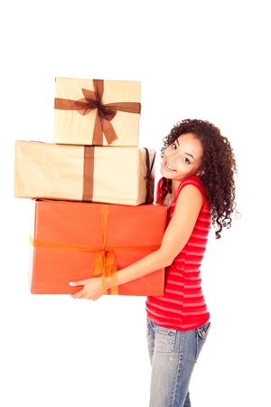 Beautiful african woman with presentsの写真素材
