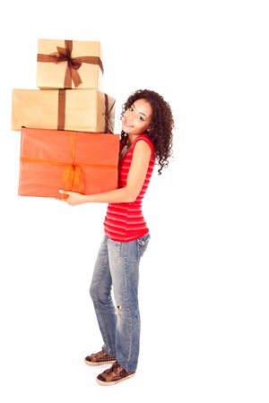 Beautiful african woman with presentsの写真素材