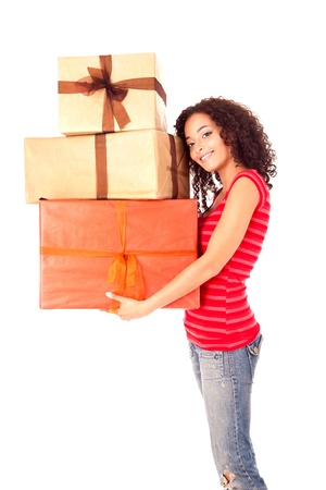 Beautiful african woman with presentsの写真素材