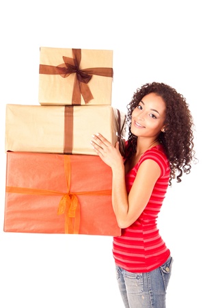 Beautiful african woman with presentsの写真素材