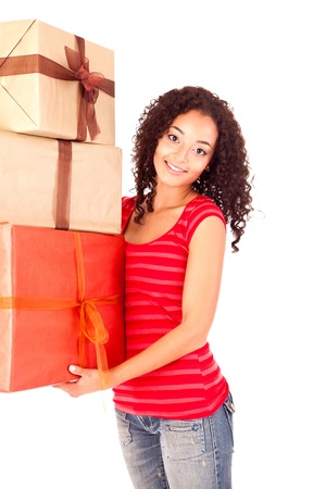 Beautiful african woman with presentsの写真素材