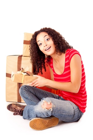 Beautiful african woman with presentsの写真素材