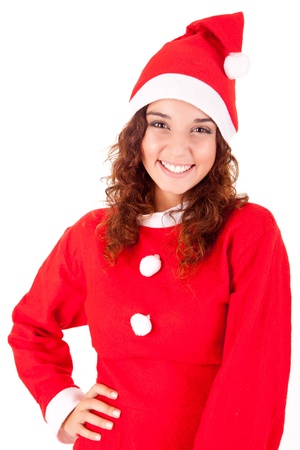 Young woman in red dress and Santa's hat isolated on white backgroundの写真素材