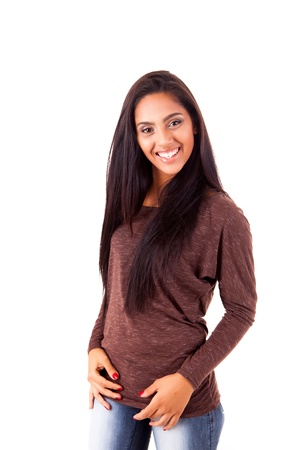 Beautiful mix race woman posing over white backgroundの写真素材