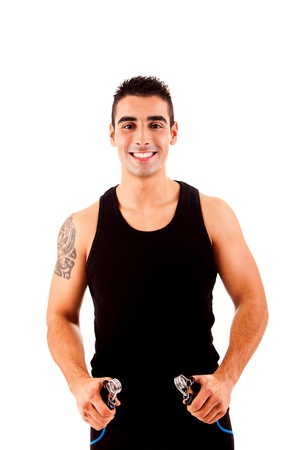 Beautiful fitness instructor over white backgroundの写真素材